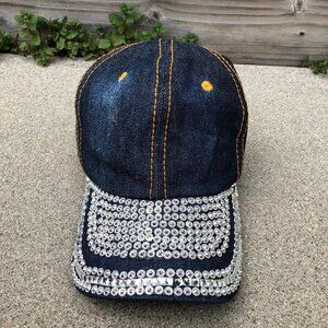 Denim Rhinestone Baseball Hat Women's Jean Adjustable Cap Blue